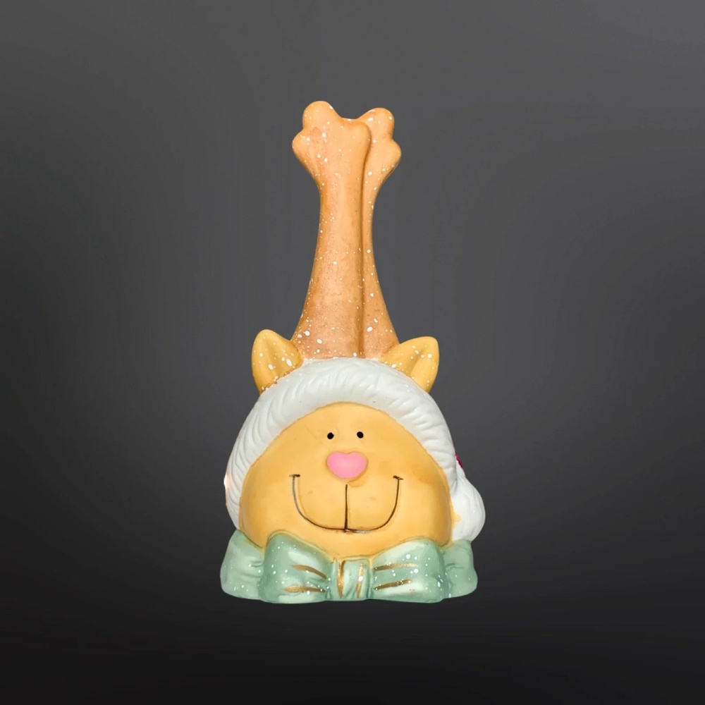 Reindeer Cat N' Santa Hat Christmas Bell, Ceramic, Vintage - (1990's)